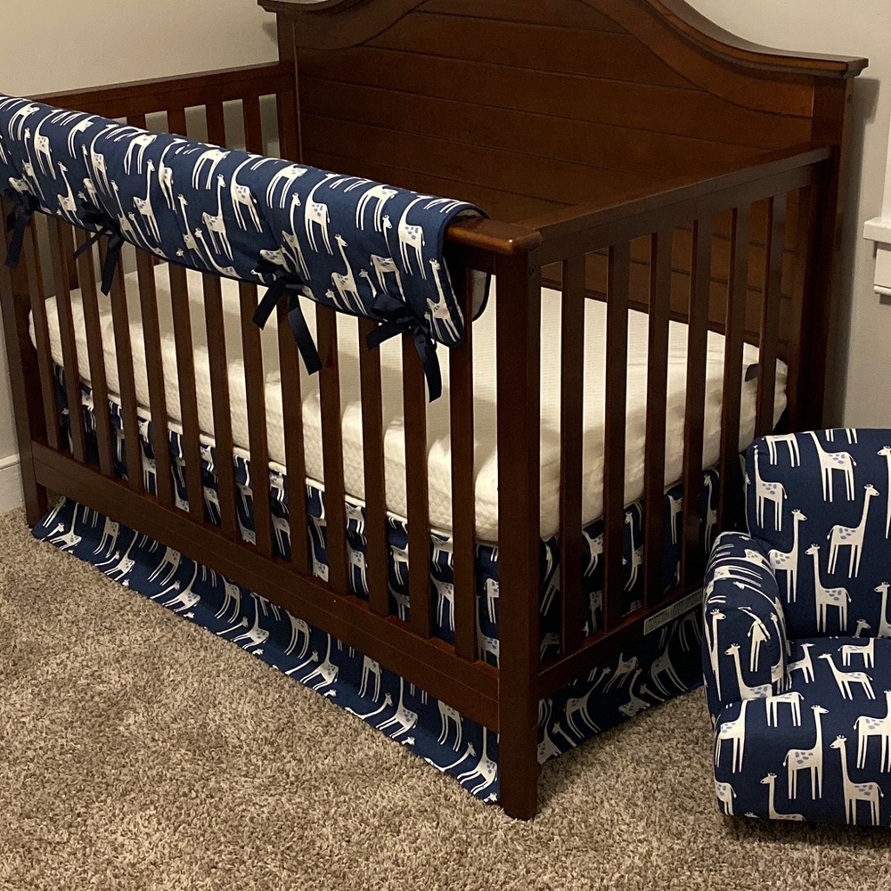 Gently Used - Liz and Roo Navy Giraffe Crib Rail Cover and Bed Skirt